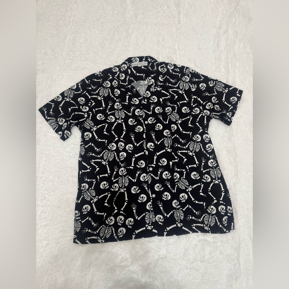 New 2xl black skeleton button down goth dress shirt skull